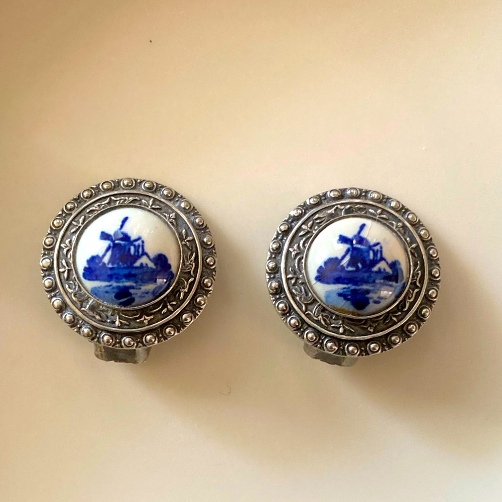 Vintage Delft Style Windmill Clip On Earrings